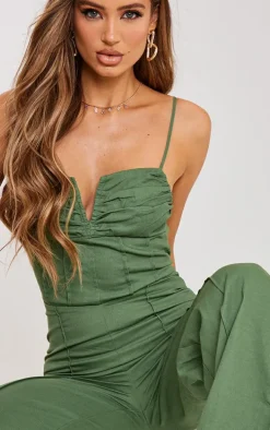Khaki Woven V Bar Corset Detail Wide Leg Jumpsuit