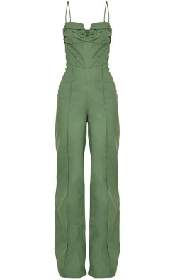 Khaki Woven V Bar Corset Detail Wide Leg Jumpsuit