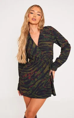 Khaki Zebra Print Wrap Tie Bodycon Dress