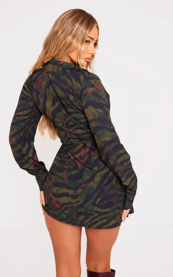 Khaki Zebra Print Wrap Tie Bodycon Dress