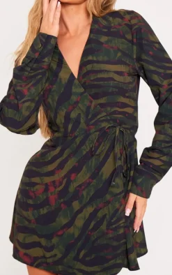 Khaki Zebra Print Wrap Tie Bodycon Dress