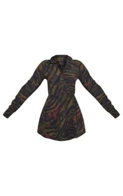 Khaki Zebra Print Wrap Tie Bodycon Dress