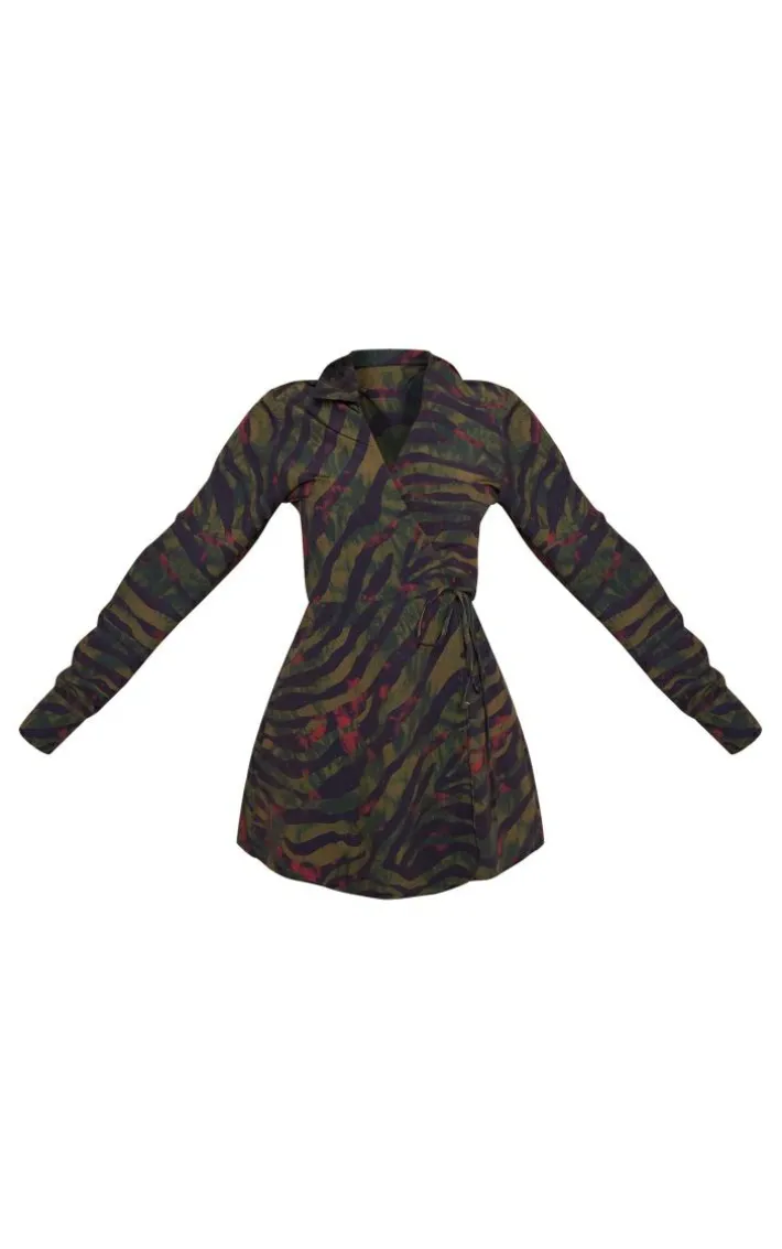 Khaki Zebra Print Wrap Tie Bodycon Dress