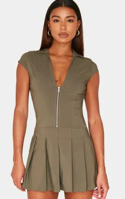 Khaki Zip Up Pleated Shift Dress