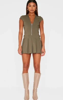 Khaki Zip Up Pleated Shift Dress