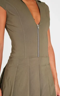 Khaki Zip Up Pleated Shift Dress