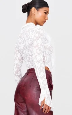 Lace Tie Front Ruffle Blouse