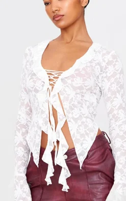 Lace Tie Front Ruffle Blouse