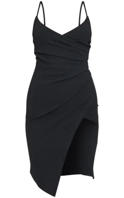 Lauriell Black Wrap Front Crepe Midi Dress