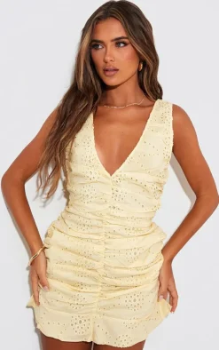 Lemon Broderie Plunge Ruched Frill Hem Bodycon Dress