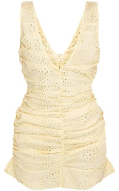 Lemon Broderie Plunge Ruched Frill Hem Bodycon Dress