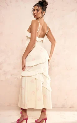 Lemon Chiffon Floral Frill Maxi Dress