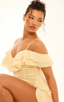 Lemon Cold Shoulder Ruffle Detail Maxi Dress