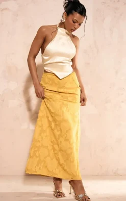 Lemon Distressed Floral Woven Maxi Skirt