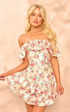Lemon Floral Bardot Frill Bodycon Dress