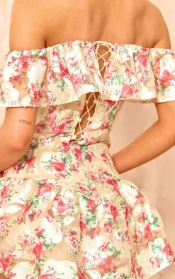 Lemon Floral Bardot Frill Bodycon Dress