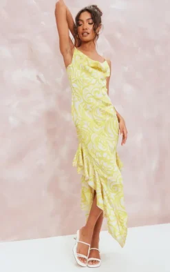 Lemon Floral Print Frill Satin Cowl Maxi Dress