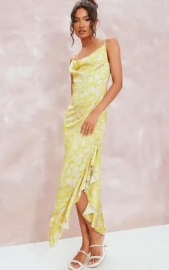 Lemon Floral Print Frill Satin Cowl Maxi Dress