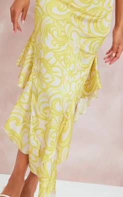 Lemon Floral Print Frill Satin Cowl Maxi Dress