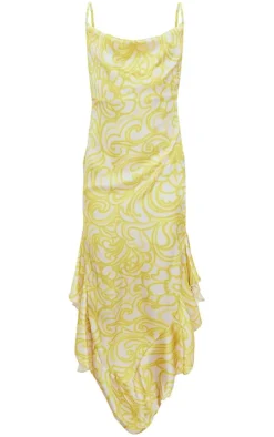 Lemon Floral Print Frill Satin Cowl Maxi Dress
