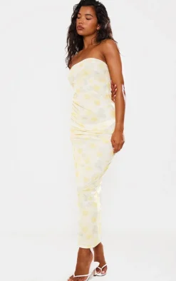 Lemon Floral Print Mesh Bandeau Midaxi Dress