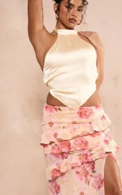 Lemon Floral Printed Ruffle Detail Maxi Skirt