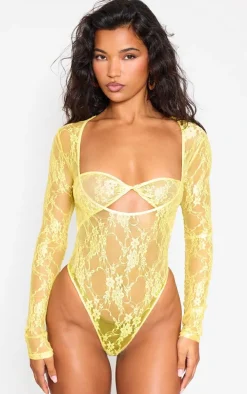 Lemon Lace Bandeau Detail Long Sleeve Bodysuit