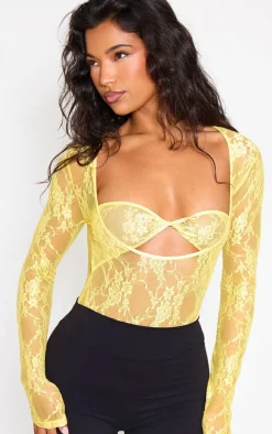 Lemon Lace Bandeau Detail Long Sleeve Bodysuit