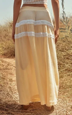 Lemon Lace Trim Cheesecloth Drawstring Waist Maxi Skirt
