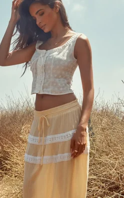 Lemon Lace Trim Cheesecloth Drawstring Waist Maxi Skirt