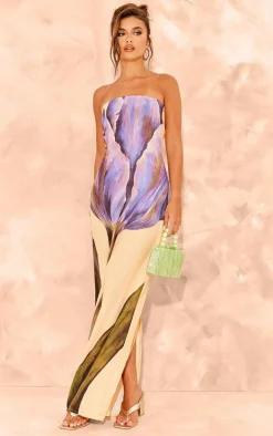 Lemon Oversized Chiffon Floral Print Bandeau Maxi Dress