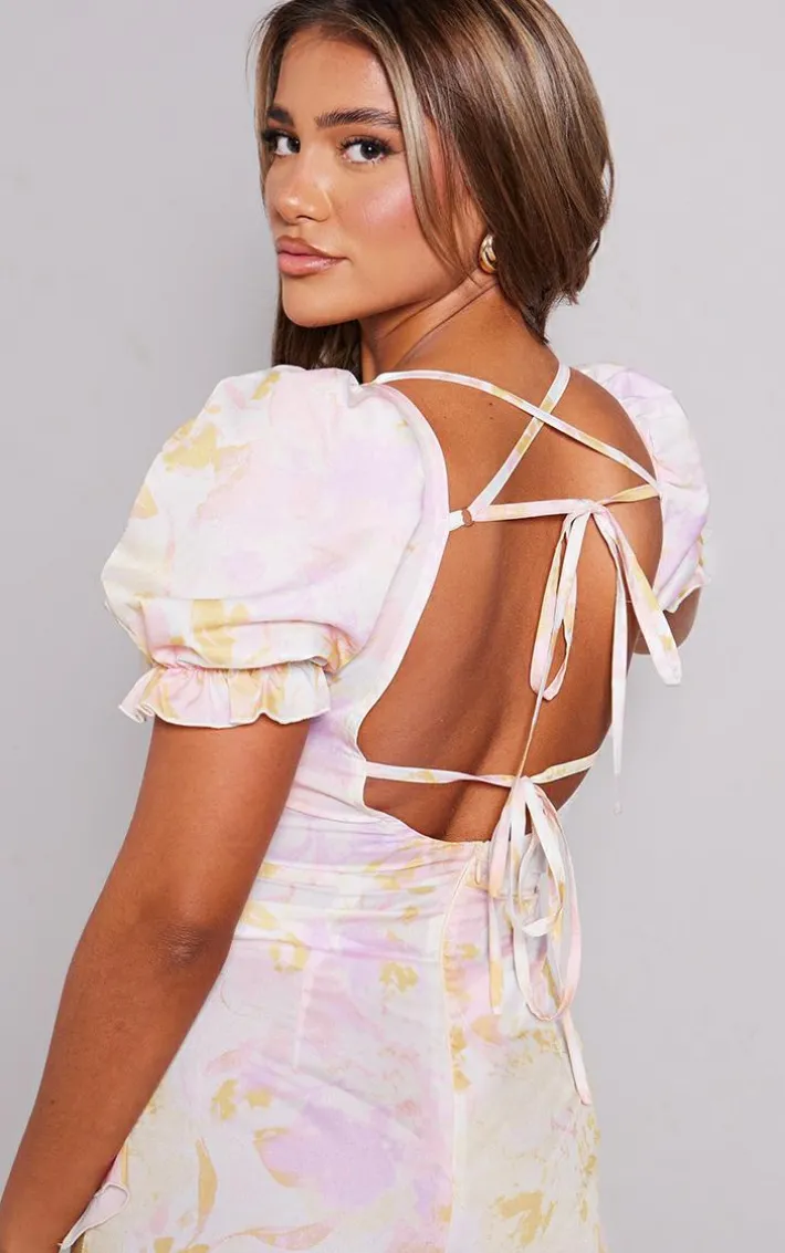 Lemon Print Tie Detail Low Back Frill Hem Romper