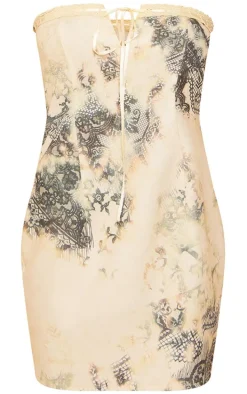 Lemon Printed Woven Bandeau Tie Lace Detail Mini Dress