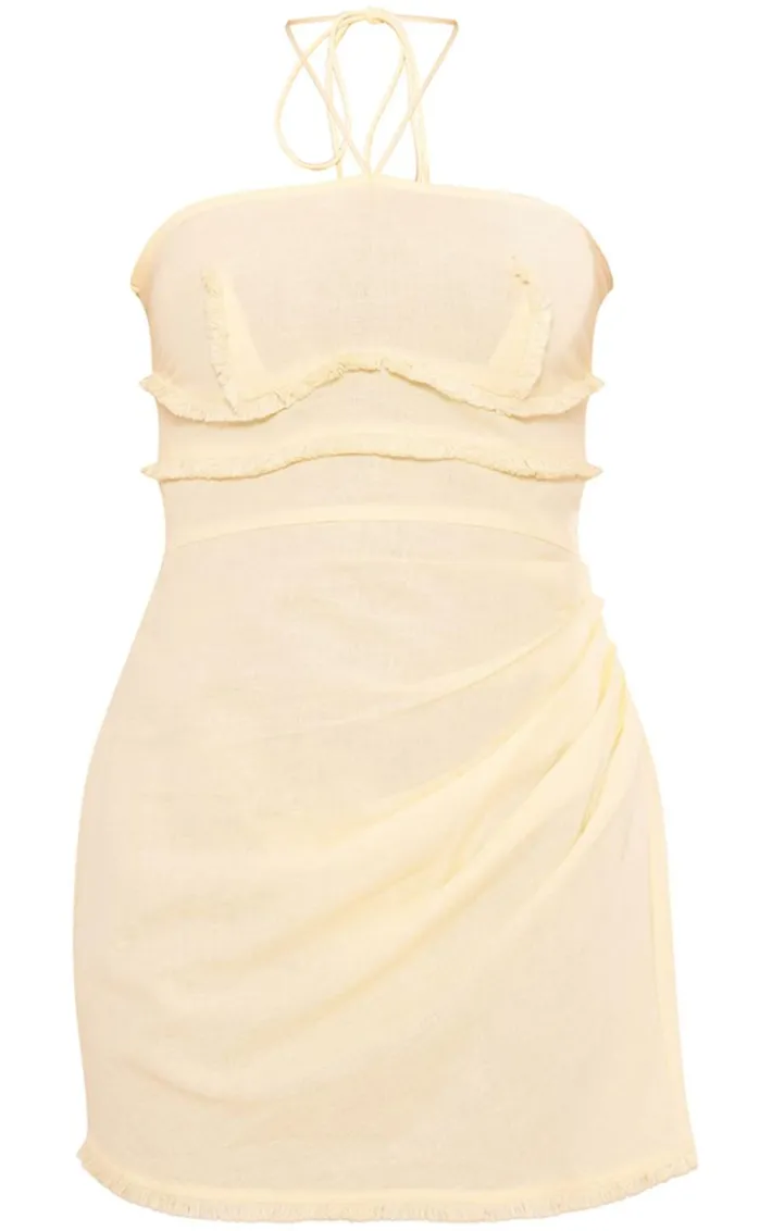 Lemon Raw Edge Ruched Bodycon Dress