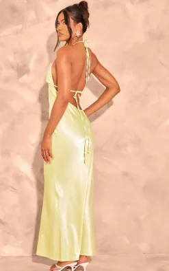 Lemon Satin Cut Out Halter Neck Maxi Dress