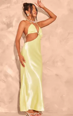 Lemon Satin Cut Out Halter Neck Maxi Dress