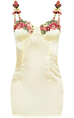 Lemon Satin Flower Trim Detail Strappy Shift Dress