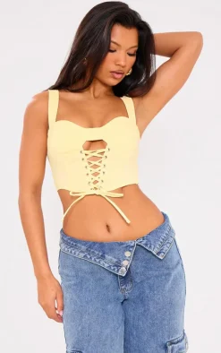 Lemon Stretch Woven Boned Lace Up Crop Top