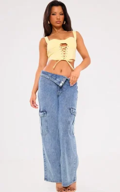 Lemon Stretch Woven Boned Lace Up Crop Top