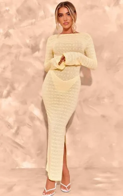 Lemon Textured Mesh Scoop Back Flare Sleeve Maxi Dress