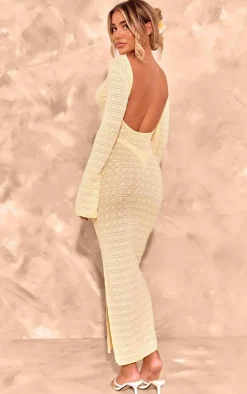 Lemon Textured Mesh Scoop Back Flare Sleeve Maxi Dress