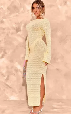 Lemon Textured Mesh Scoop Back Flare Sleeve Maxi Dress