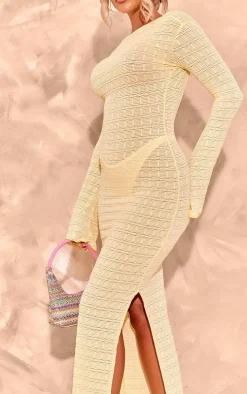 Lemon Textured Mesh Scoop Back Flare Sleeve Maxi Dress