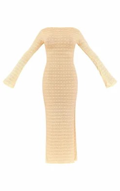 Lemon Textured Mesh Scoop Back Flare Sleeve Maxi Dress