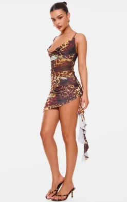 Leopard Abstract Double Layer Slinky Mesh Panel Bodycon Dress