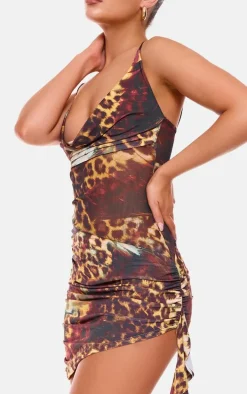 Leopard Abstract Double Layer Slinky Mesh Panel Bodycon Dress