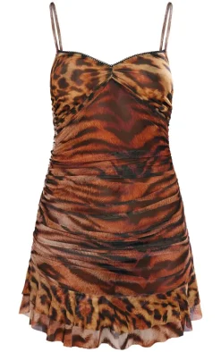 Leopard Mesh Ruched Frill Hem Mini Dress
