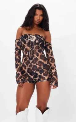 Leopard Print Belt Lace Up Long Sleeve Bardot Romper