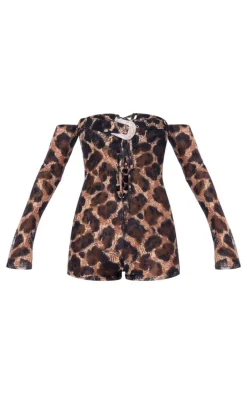 Leopard Print Belt Lace Up Long Sleeve Bardot Romper