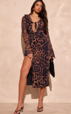 Leopard Print Chiffon Long Sleeve Frill Detail Midi Dress